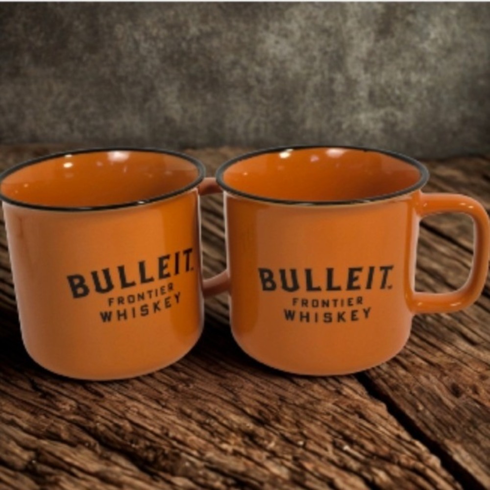 Bulleit Frontier Whiskey Orange Ceramic Coffee Mug Cup Set of 2 Campfire Style